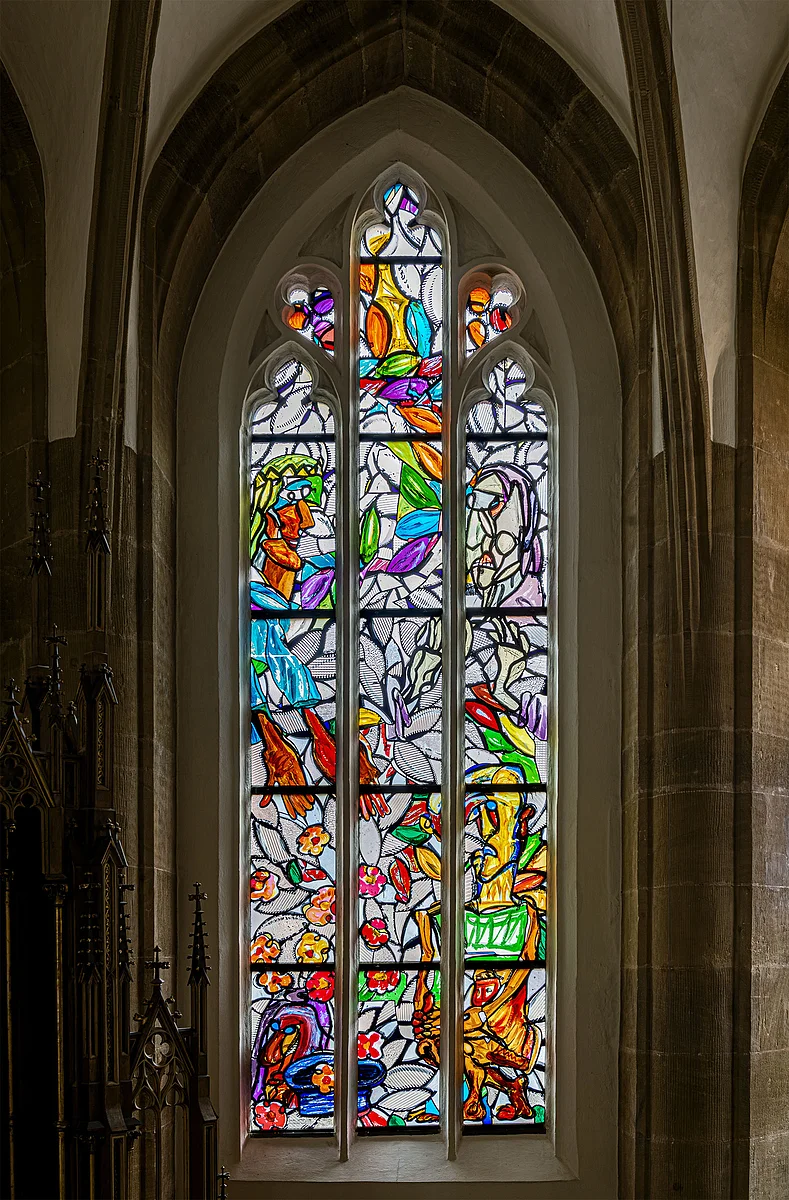 Lüpertzfenster in der Kirche St. Elisabeth Bamberg - Alte Frau, Almosen geben