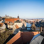 Luftaufnahme Bambergs mit Blick auf das Alte Rathaus