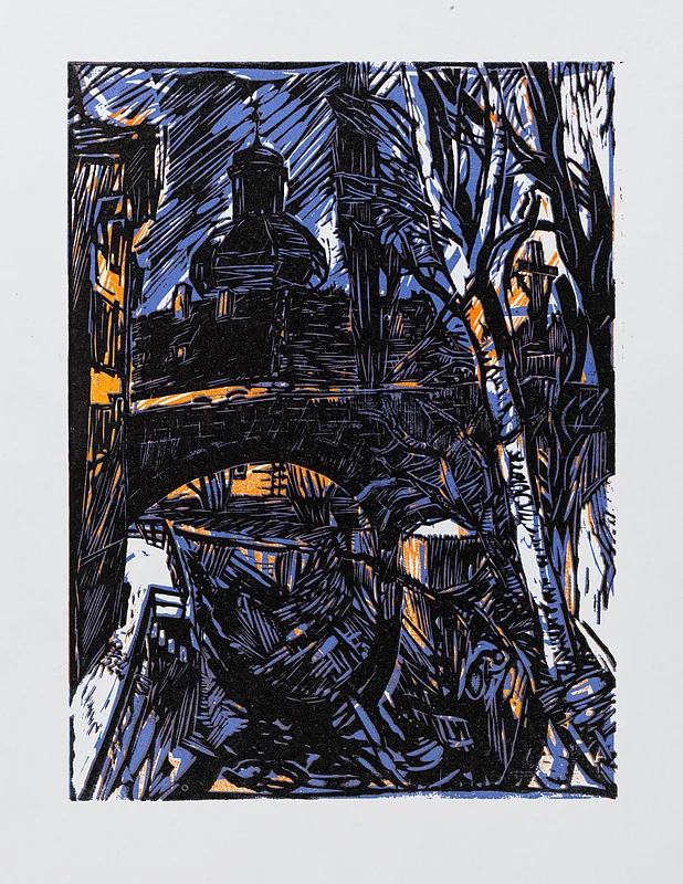 Alexej Borutscheff: Obere Brücke und Schloss Geyerswörth in Bamberg. Holzschnitt, 1967. Staatsbibliothek Bamberg, Msc.Add.1025(E 7.