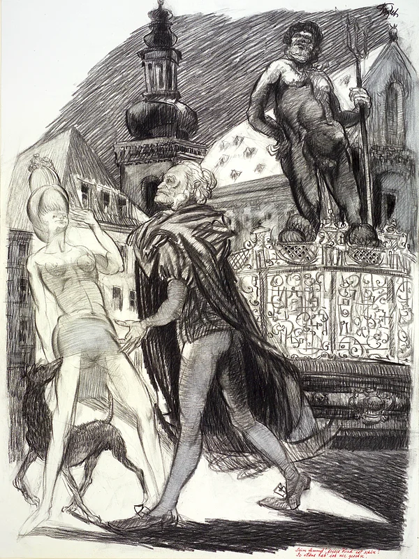 Alexej Borutscheff: Faust und Gretchen vor dem Gabelmann-Brunnen und Sankt Martin in Bamberg. Zeichnung, 1961/1970. Staatsbibliothek Bamberg, Msc.Add.1025(B 6,1-7