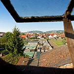 View from a skylight over the inner-city garden areas of Bamberg to the silhouette of the city of the hills