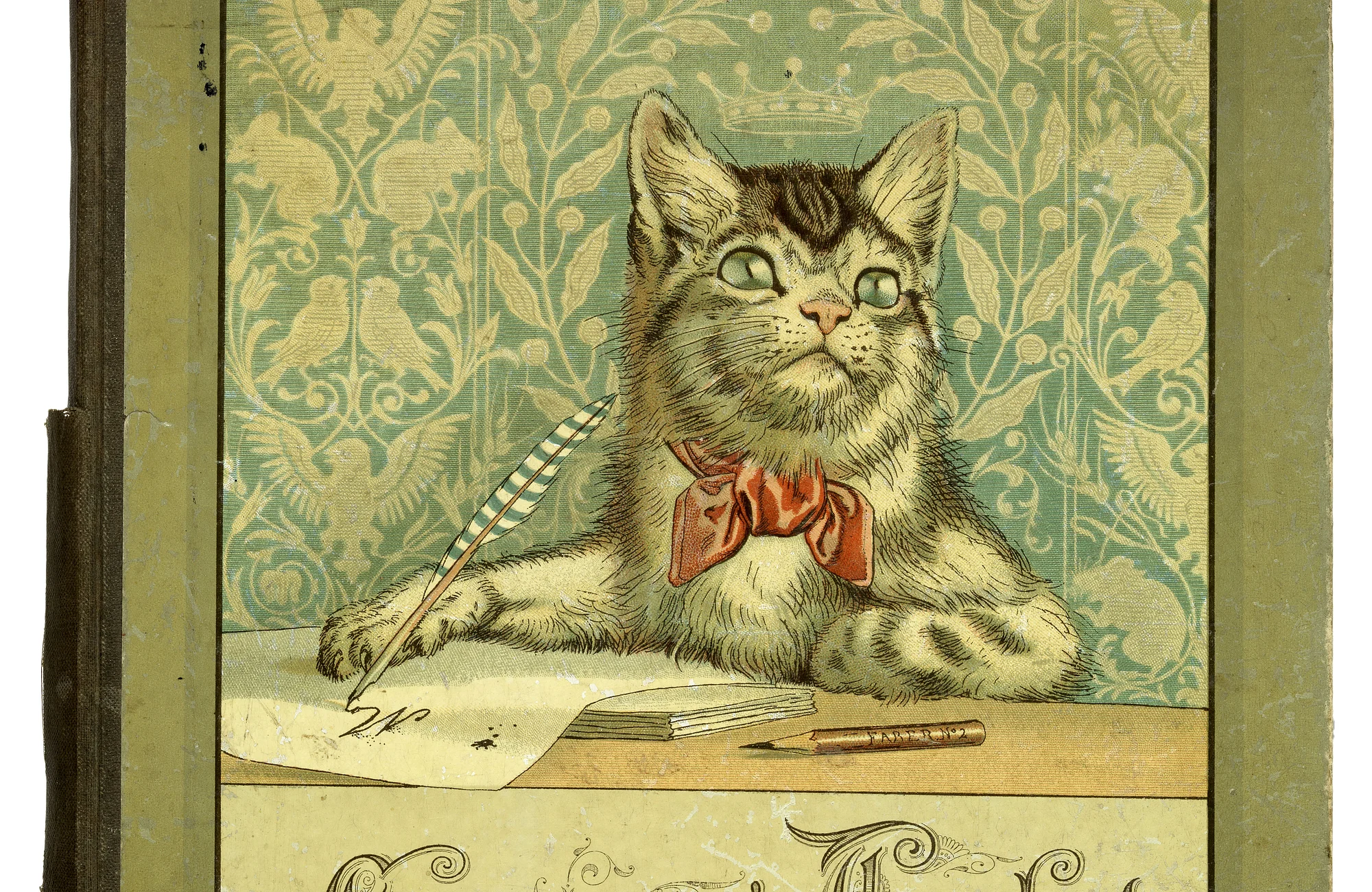 Ausstellung E. T. A. Hoffmann global: Grenzgänge der Fantasie Halbleinenband mit farbiger Illustration von Fedor Flinzer (1832–1911) zu „Kater Murr's Tagebuch“, Leipzig, 1885