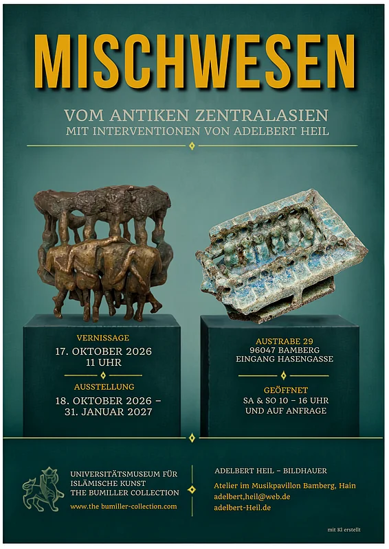 Plakat zur Ausstellung „Mischwesen. Vom antiken Zentralasien mit Interventionen von Adelbert Heil“