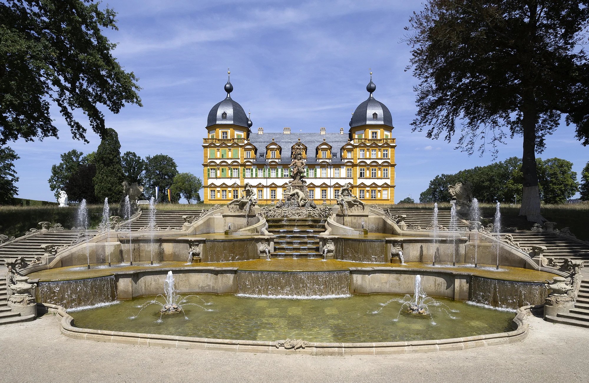The cascade at Seehof Castle in Memmelsdorf near Bamberg. The castle can be seen in the background.