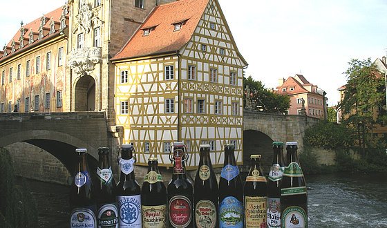 Beer bottles of Bamberg's breweries in front of the old town hall